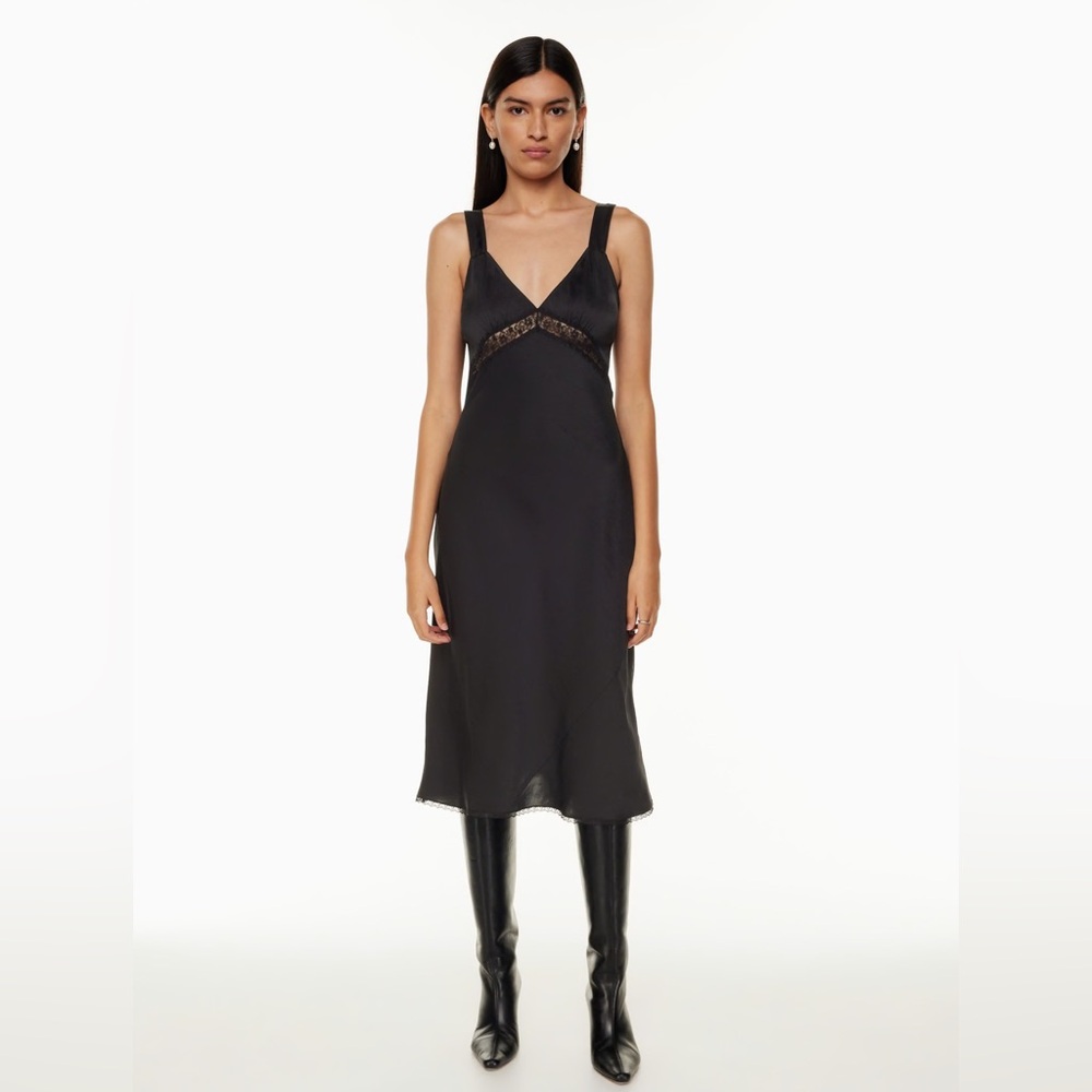 Wilfred Aritzia Twilight Satin Lace Midi Slip Dress, Black, M
